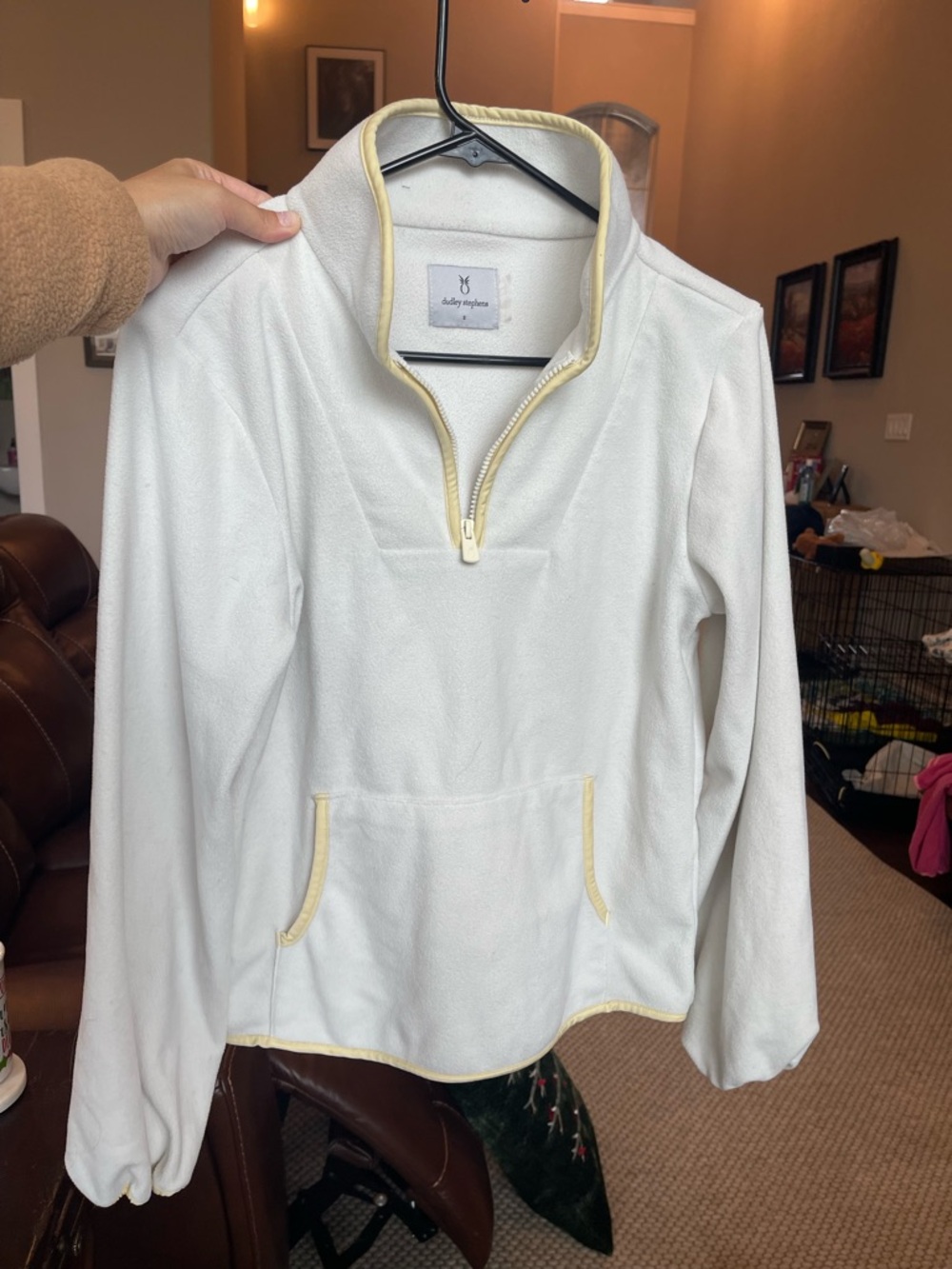 Dudley Stephens White Fleece Quarter-Zip Pullover with Pale Yellow Trim